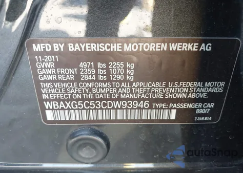 2012 BMW 528I из США, поврежденный, VIN WBAXG5C53CDW93946